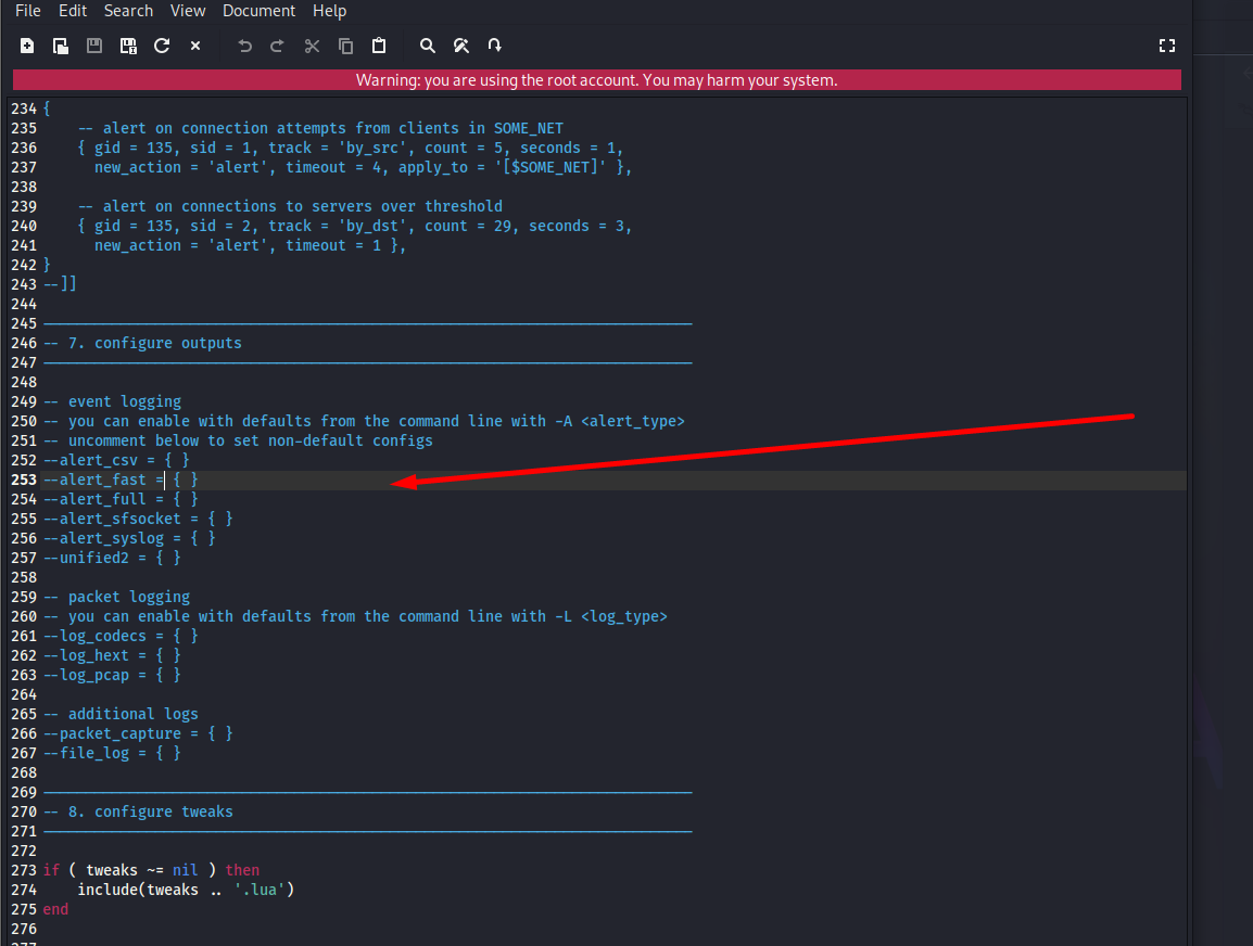 Output section inside snort.lua