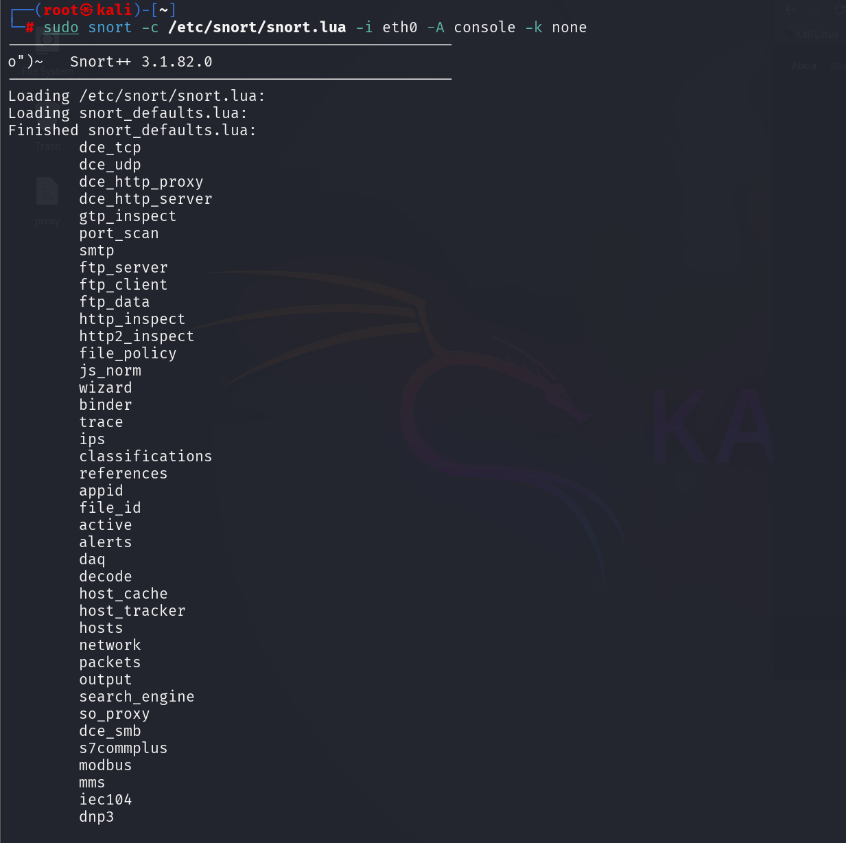 Snort running in IDS mode with snort.lua loaded and console alerts