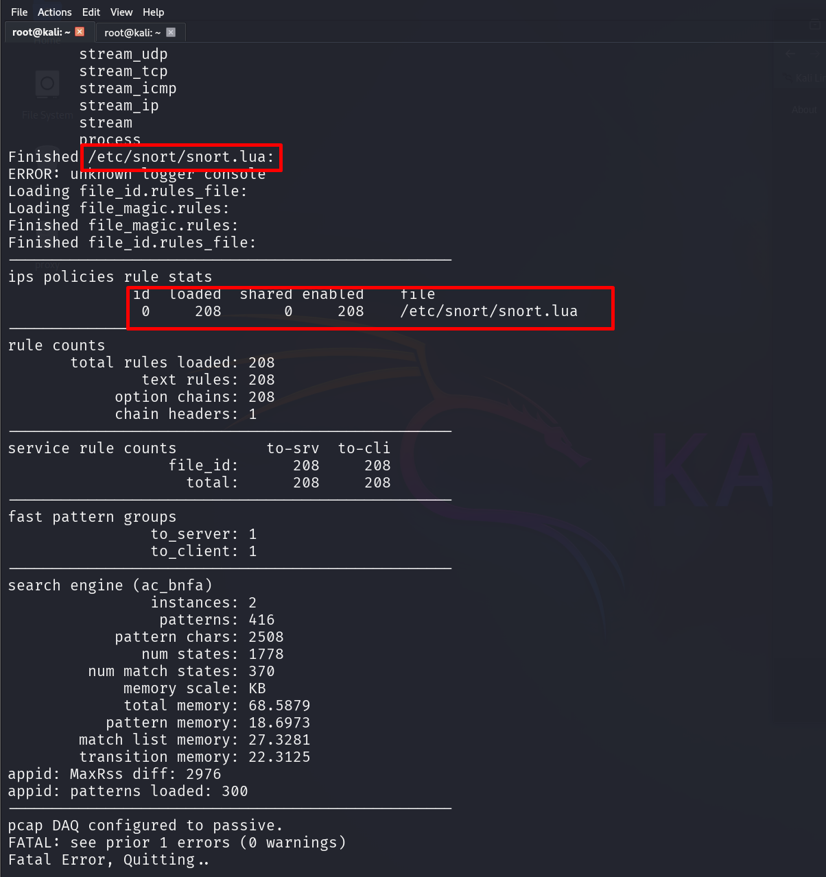 Snort running in IDS mode with snort.lua loaded and console alerts (part 2)