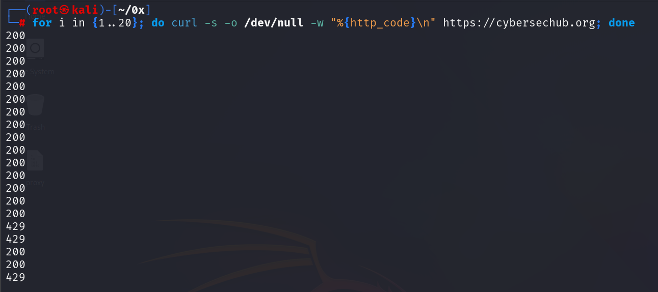 Rate limiting test showing 429 responses