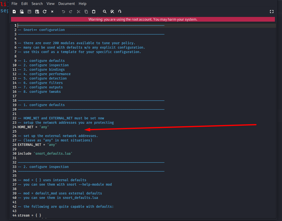 /etc/snort/snort.lua opened in editor