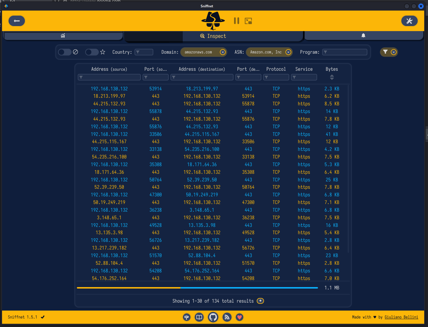 Sniffnet host detail view