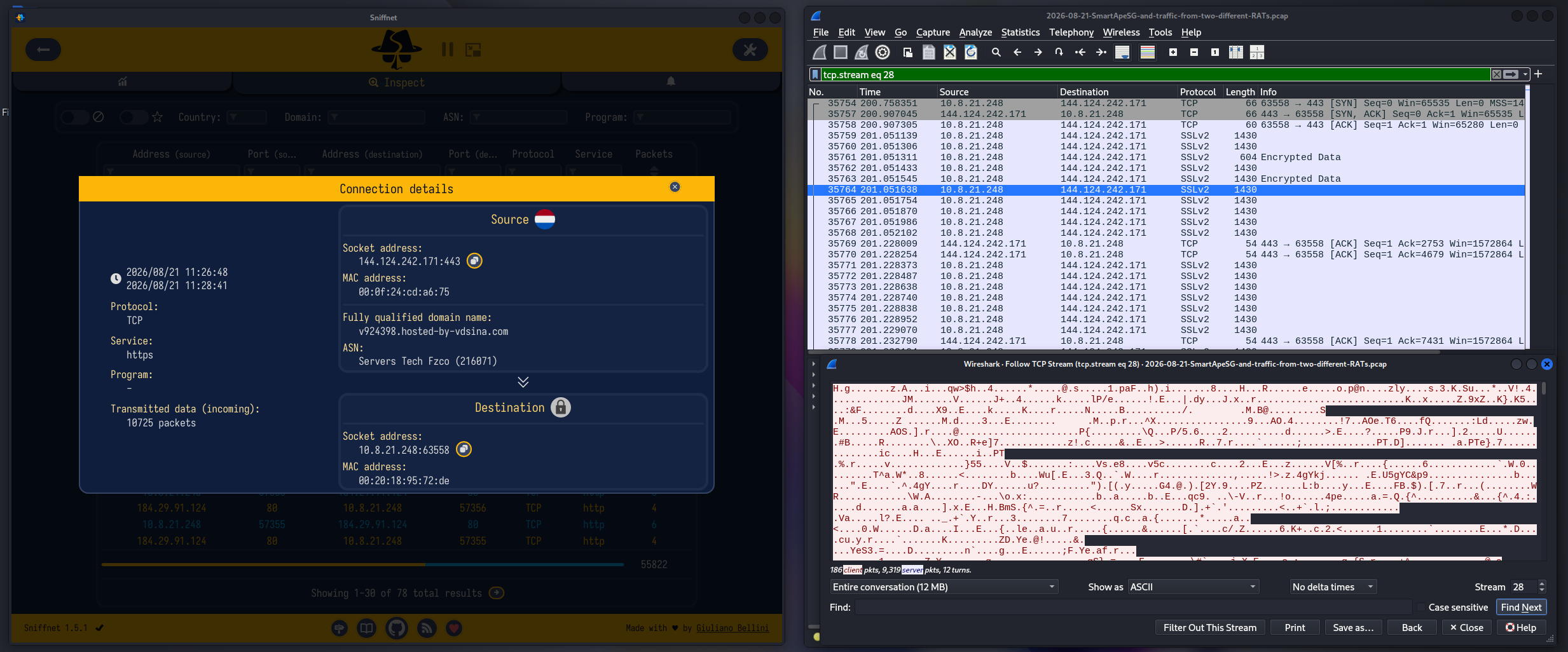 Wireshark Follow TCP Stream — XWorm C2 payload