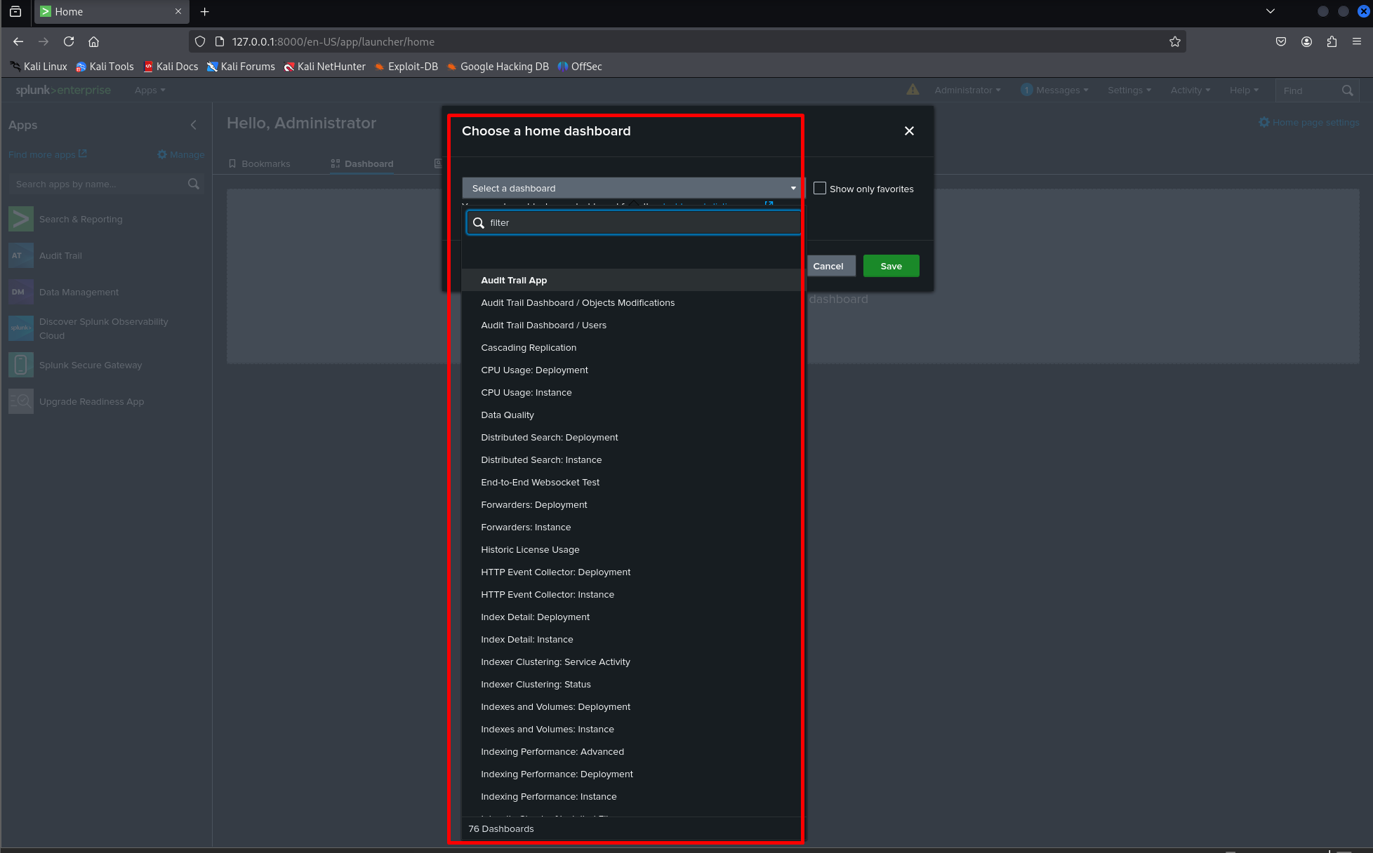 Splunk dashboard after login (p3)