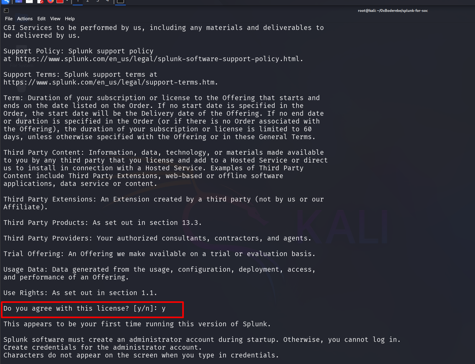 Splunk license acceptance and first startup (p2)